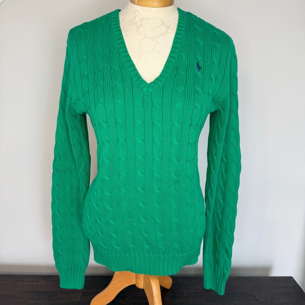 Polo Ralph Lauren Green Cable Knit Cotton V-Neck Sweater Womens Large